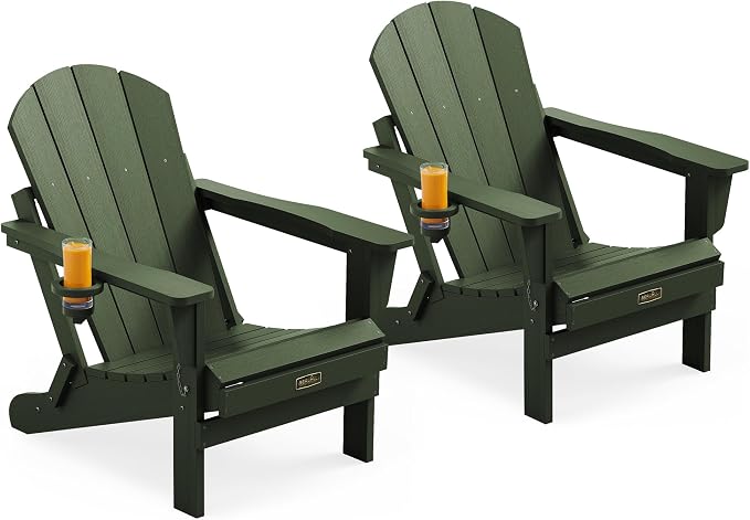 SERWALL Foldable Adirondack Chair with Cup Holder Set of 2 for Patio Garden Outdoors Fire Pit Chairs-Avocadogreen by SERWALL