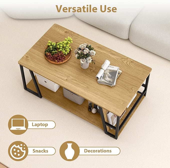 Giantex Modern Coffee Table with Storage, 2-Tier Rustic Wood Center Table with Shelf, Compartment, Metal Frame, Rectangular Geometric Living Room Table for Apartment (Oak)