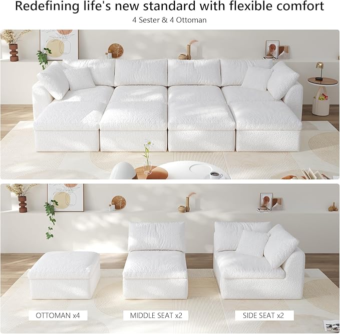 Modular Sectional Sofa Boneless Cloud Couch for Living Room, U Shape Deep Seat Recliner Sofa with Ottoman, Adjustable Backrest & 2 Throw Pillows - Covers Washable, (White, 4 Seater+4 Ottoman)