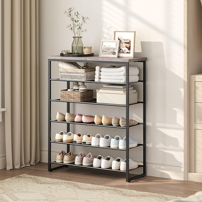 HOOBRO Shoe Rack, 6-Tier Shoe Organizer, for 18-24 Pairs of Shoes, Large Capacity Shoe Storage Shelf, for Entryway, Closet, Hallway, Dorm Room, Industrial, Greige and Black BG67XJ01G1 - Image 2