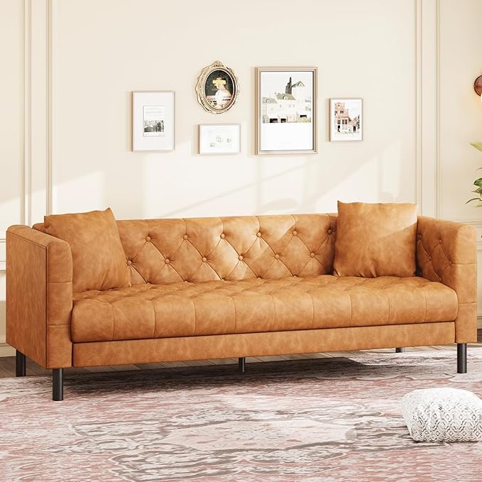 GarveeHome 81" Leather Couch for Living Room, Chesterfield Sofa with Deep Seat, Handmade Button Tufted 3 Seater Sofa, Modern Leather Sofa for Apartment, Office, Cognac Tan
