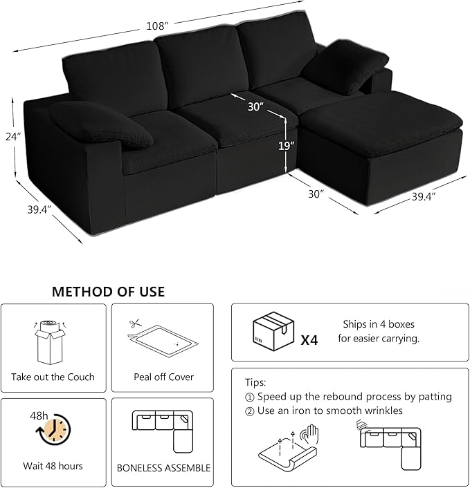 108” Modern Boneless Cloud Couch, Modular L Shaped Sectional Sofa with Convertible Ottoman for Living Room, High-Resilience Memory Foam Couch with Deep Seats, Chenille Soft Cushions, No Assembly