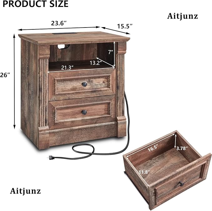 Aitjunz 26" Tall Farmhouse Nightstand, 2 Drawers End Table w/Charging Station, 23.6" Wide Large Side Table w/Roman Column, Wood Rustic Sofa Table w/Open Shelf, Bedside Table for Bedroom, Light Brown - Image 2