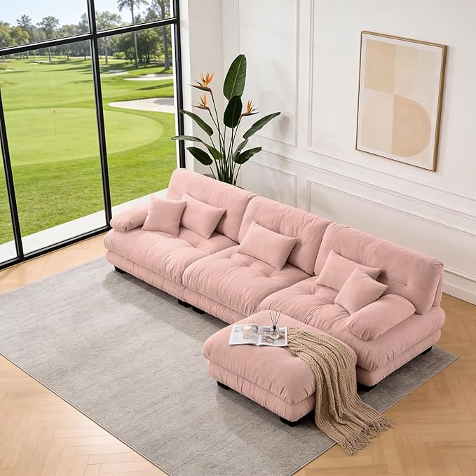 133.8" L-Shaped Cloud Couch, Oversized Modular Sectional Sofa, Deep Seat Cloud Boneless Couch, 3-Seat Modular Sectional Sofa with Ottoman or Living Room,Bedroom and Apartment, Pink