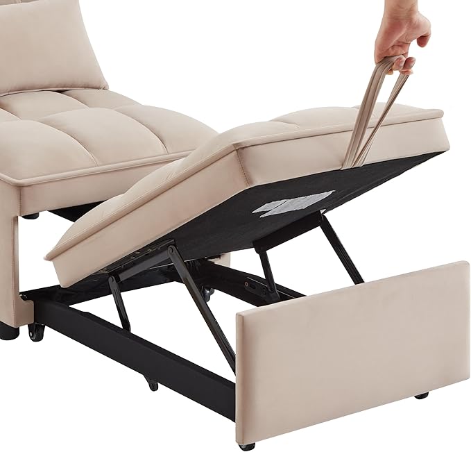 Ball & Cast 4 in 1 Convertible Sleeper Chair, Velvet Single Sofa Bed with Side Pockets,Pull Out Couch with Adjustable Backrest and Pillow, Multi-Function Chaise Lounge for Livingroom,Taupe