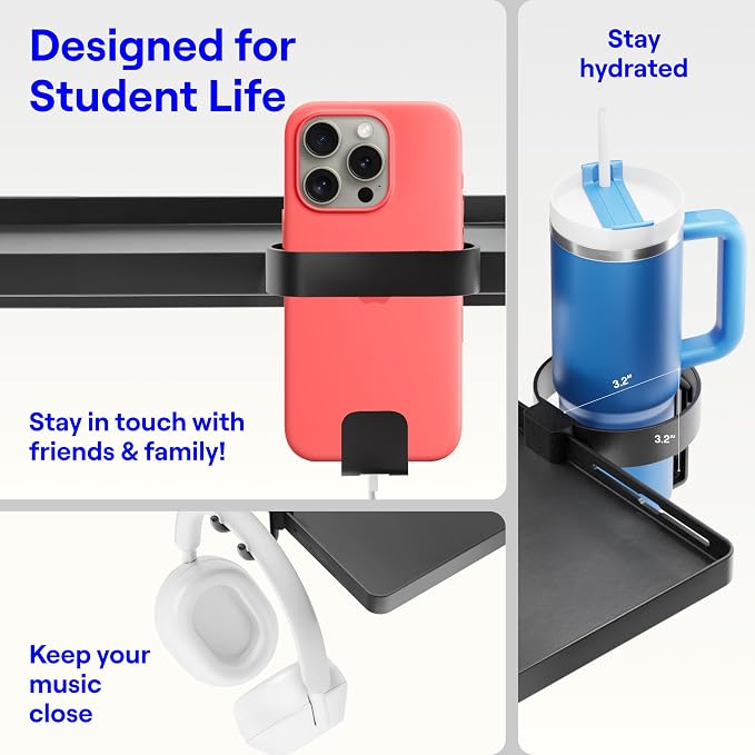 BedShelfie Bedside Shelf for Dorm Room Bunk Bed & Top Bunk, College Dorm Room Essentials, Bedside Caddy, Clip on Floating Tray, Bed Side Table Storage, Loft Nightstand Decor, Black - Image 4
