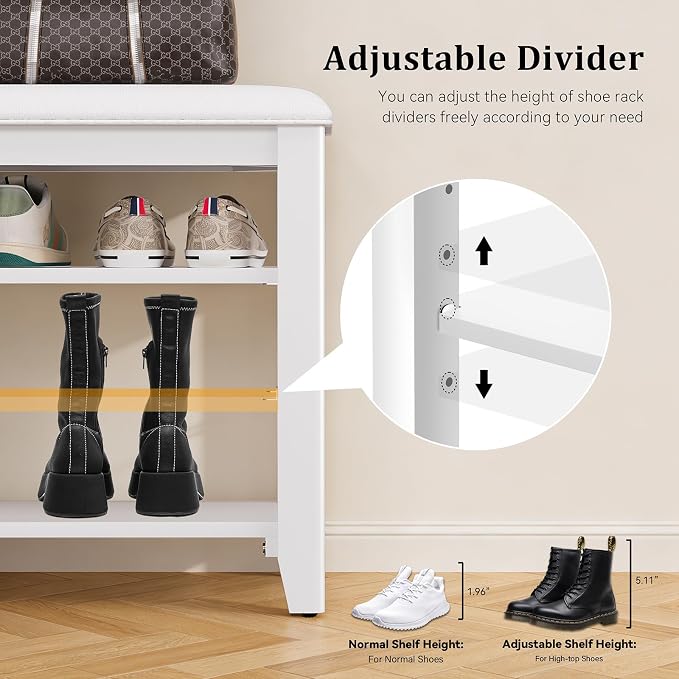 Shoe Rack Bench Entryway Storage with Leather Cushion, Shoe Organizer Bench for Entryway, Ideal for Front Doors Entrances Hallway Mudroom Featuring Rubberwood And 3 Height-Adjustable Removable Shelve - Image 8