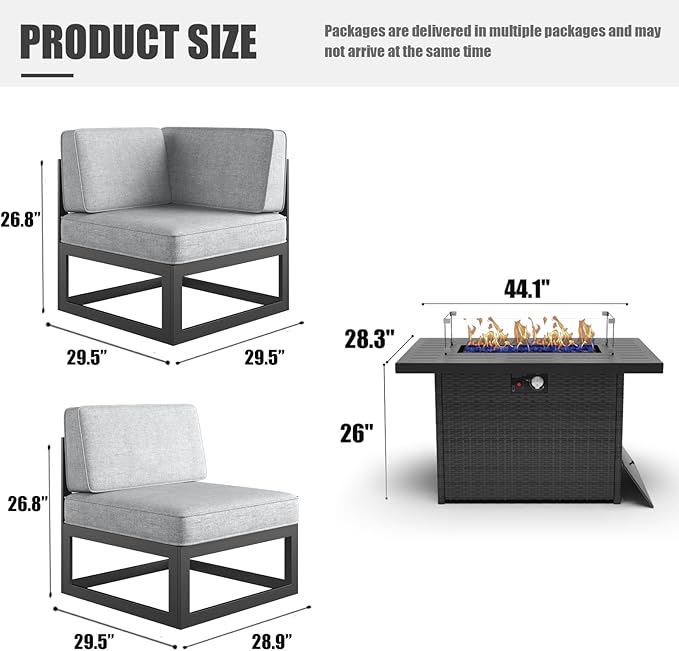 LayinSun Large Aluminum Patio Furniture Set with Fire Pit Table, 7 Pieces Modern Outdoor Conversation Set Sectional Metal Sofa Set with Olefin Cushion