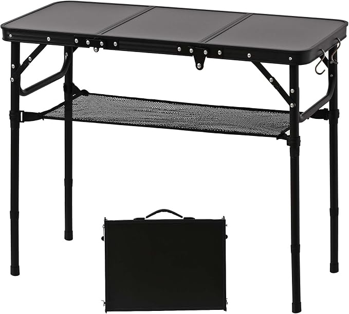 YihuiKo Folding Picnic Table with Storage Net, Matte Black Aluminum Folding Table 35" x 16", Adjustable Height Max 27.5", Lightweight Portable for Camping Travel Grill Indoor by YihuiKo