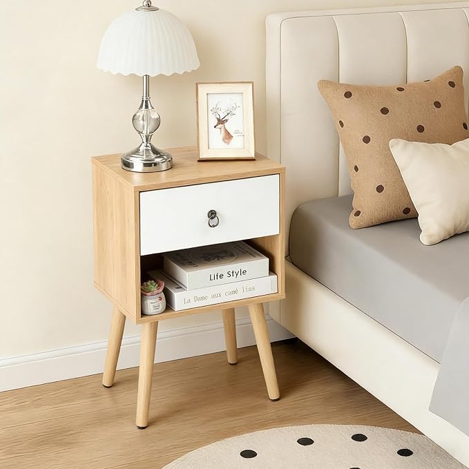 Bonnlo Oak Nightstand, Modern Bedside Table with Drawer Open Shelf, End Table with Solid Wood Legs for Bedroom、Living Room - Image 7