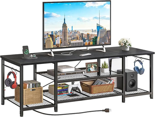 YGEOMER TV Stand for Up to 75 Inch TVs, Entertainment Center with Power Outlet and Open Storage Shelves, TV Media Console Table for Living Room and Bedroom, Black by YGEOMER