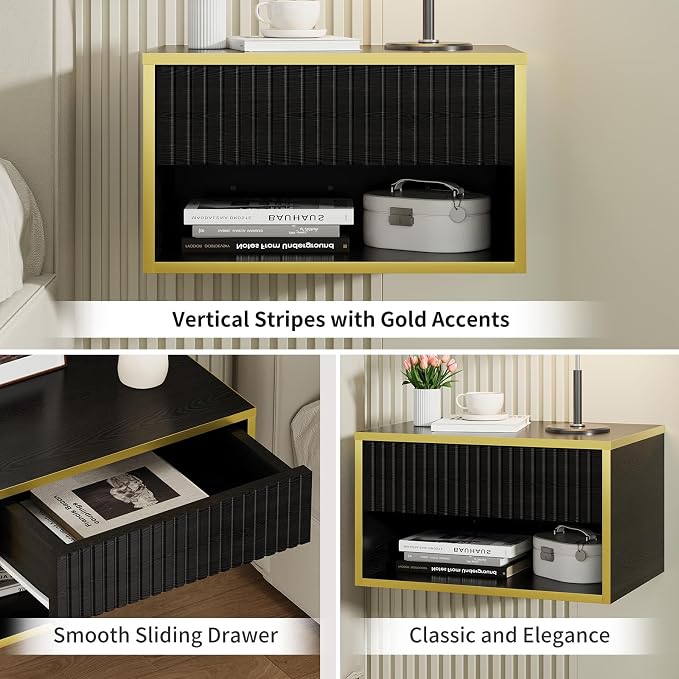 4ever2buy Floating Nightstand Set of 2, Modern Night Stands with Drawer, Small Bedside Tables End Tables with Open Shelf Cubby, Wall Mounted Nightstands for Bedroom, Black and Gold - Image 6