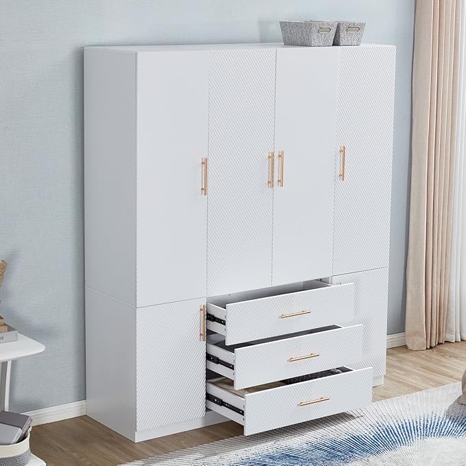 GraceGrove Armoire Wardrobe Closet with 3 Drawers and 4 Door Armoire Cabinet Closet Wood High Storage Capacity and Hanging Rail for Bedroom White