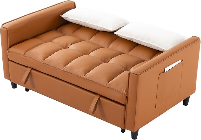 3 in 1 Convertible Sofa Bed, Love Seat Sleeper Bed with Side Pockets, PU Fabric Pull Out Couch with Adjustable Backrest for Living Room, Bedroom, Apartment, Brown