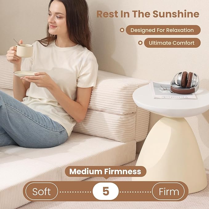 Folding Sofa Bed, Convertible Sleeper Chair with Pilow Foldable Matress, 2 in 1 Pull Out Loveseat Sofa Portable Fold Out Chair Bed Floor Couch Lounge for Living Room Bedroom (Beige, Full)