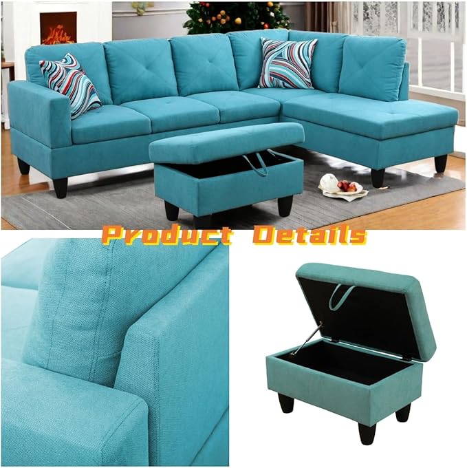 FONTOI L Shaped Sectional Couch with Otttoman, 97" Sectional Sofa for Living Room Flannel Modular Couches with Cup Holders for Bedroom, Apartments, Light Blue