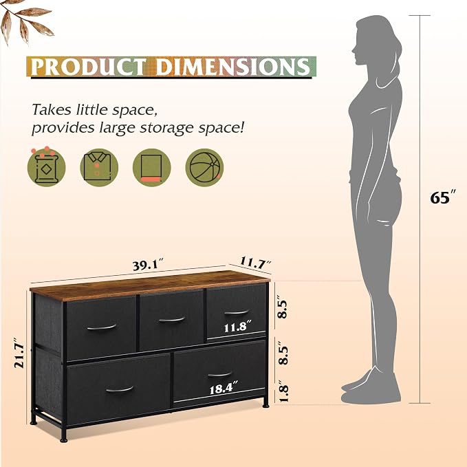 WLIVE Dresser for Bedroom with 5 Drawers, Wide Chest of Drawers, Fabric Dresser, Storage Organizer Unit with Fabric Bins for Closet, Living Room, Hallway, Black and Rustic Brown - Image 3