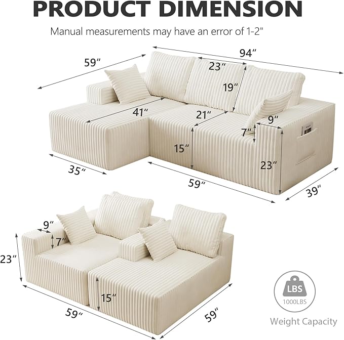 96" Cloud Sectional Couches for Living Room, Modular Sectional Sofa with Chaise, Upholstered Boneless Couches, Comfy Flannel Fluffy Couch with Pillows and Side Pockets No Assembly(Beige