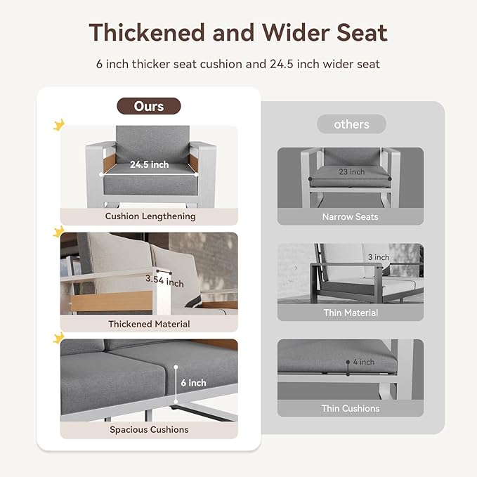 Aoxun Aluminum Patio Furniture Set, 7 Seats Luxury Metal Patio Conversation Sets with Coffee Table, Thick Cushions and Waterproof Cover, Modern Outdoor Furniture Set for Backyard/Poolside, Light Grey