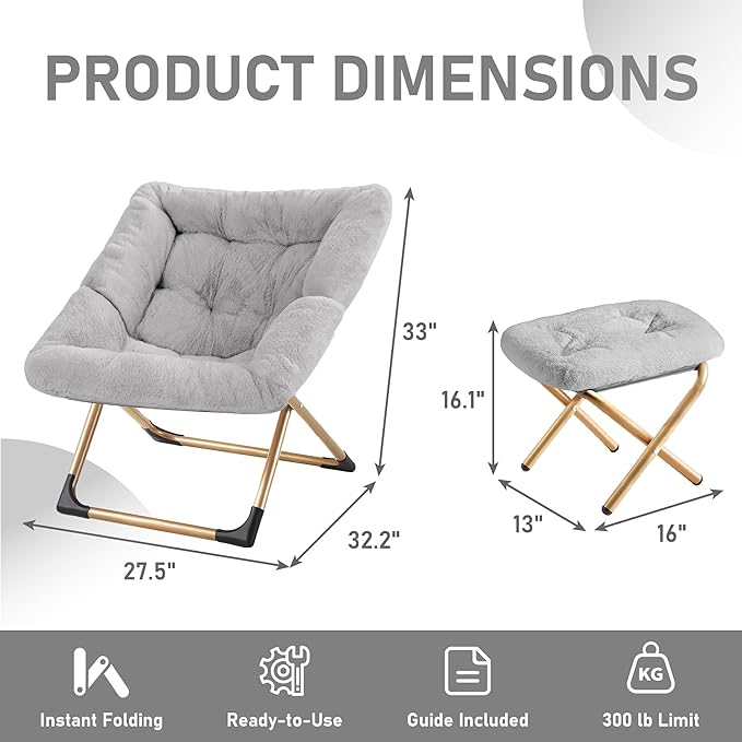 Youtanic Comfy Oversized Saucer Chair with Ottoman,Soft Faux Fur Reading Lounge Chair for Adults,Stable X-Large Metal Frame and Non-Slip Pad,Cozy Chair for Bedroom, Living Room, Dorm, Light Gray
