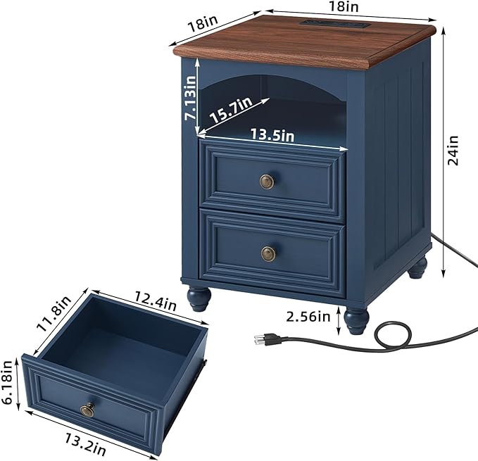 RWYHG 18" Farmhouse Night Stand Set of 2 with Charging Station, Wood Blue Nightstand with 2 Drawers, Bedside End Table with Shelf Storage, Bed Side Tables for Bedroom, Living Room, and Closet - Image 3