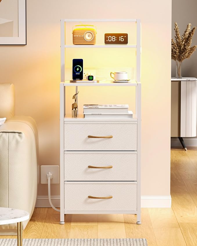 Furnulem Night Stand, White Bedside Nightstand with 4-Tier Shelves and 3 Fabric Drawers, LED Bed Side Tables with Charging Station, Tall Dresser for Bedroom, Hallway, Office by Furnulem