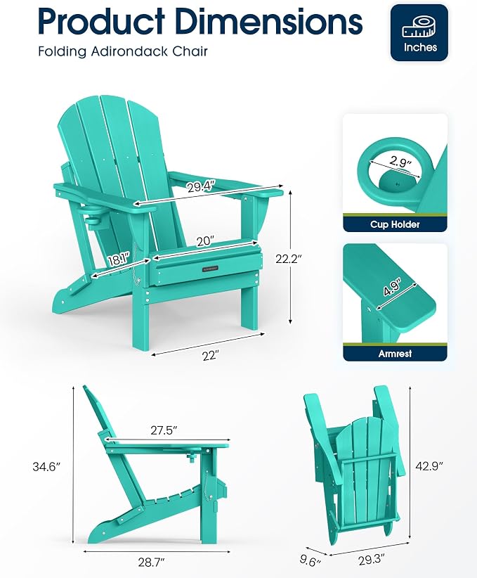 MUCHENGHY Folding Adirondack Chairs 2 Pack, Patio Chairs, Outdoor Chairs, Adirondack Chair Plastic, Fire Pit Chairs, Weather Resistant with Cup Holder for Deck, Backyard, Garden(Lake Blue) - Image 3