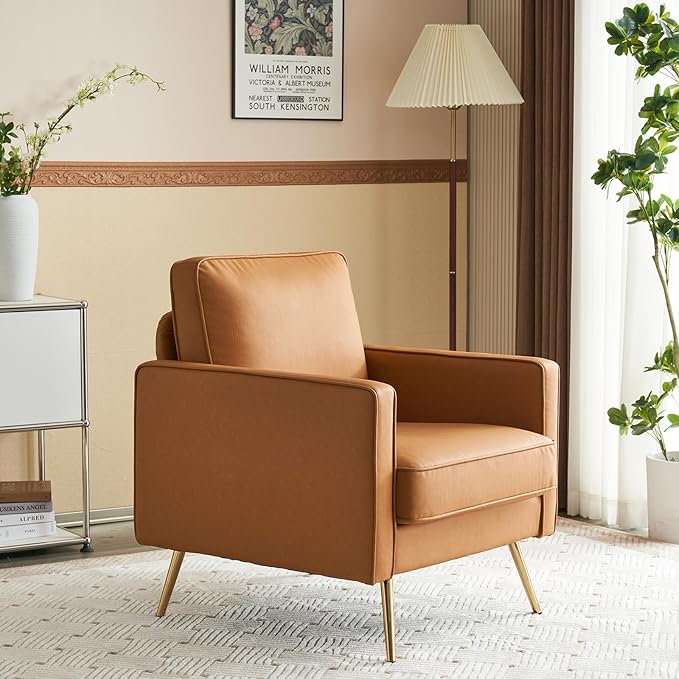 VINGLI PU Leather Accent Chair Brown Mid Century Modern Upholstered Sofa Chairs with Arms, Gold Legs for Living Room, Bedroom, Apartment