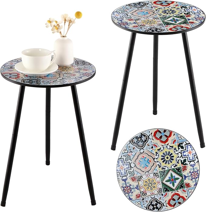 2 Packs Metal Mosaic Round Side Tables 13.4" Small Outdoor Patio Round Accent Coffee Tables Indoor Corner Stand for Small Spaces Weather-Resistant for Balcony, Porch Plant Stands Indoor, Mixed Mosaic by PartyZealot