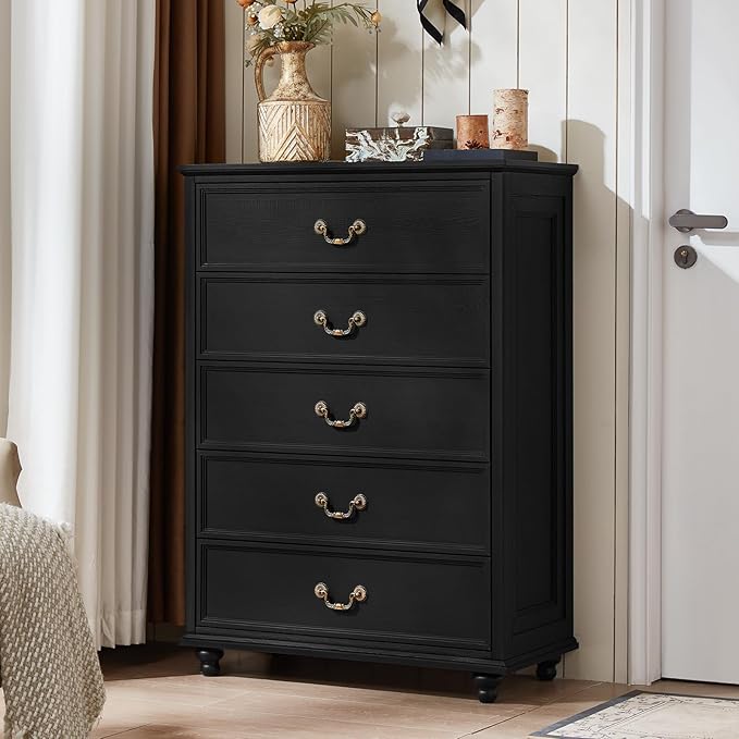Joaxswe 24" Wide Farmhouse Nightstand Set of 2, 45" Tall Rustic Chests of 5 Drawers w/ 4 Solid Wood Feet, Farmhouse Furniture Series for Living Room,Bedroom,Black
