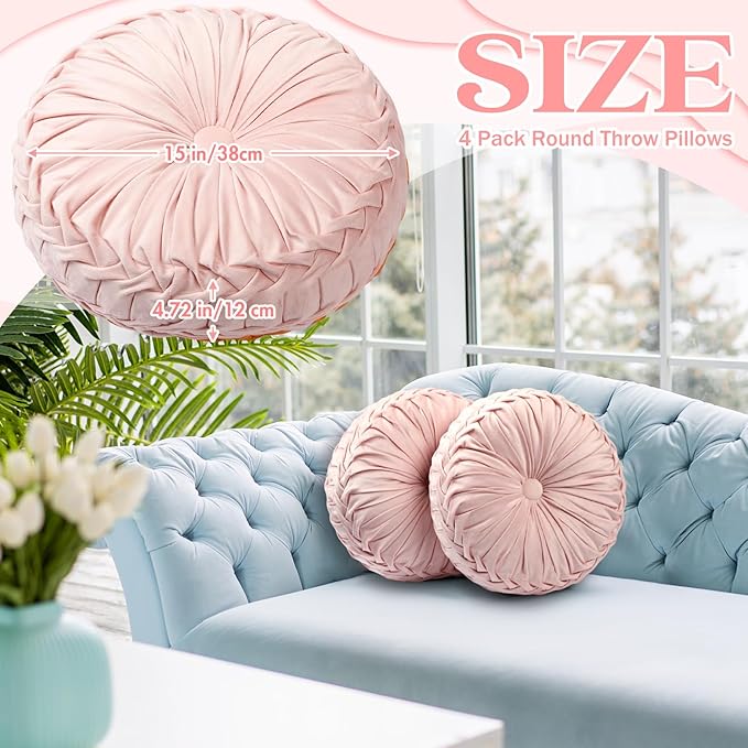 Beeveer 4 Pcs Round Throw Pillows 15 Inch Decorative Velvet Pleated Pumpkin Pillows Boho Floor Pillow with Center Button for Living Room Couch Chair Bed Sofa Home Decoration (Light Pink)