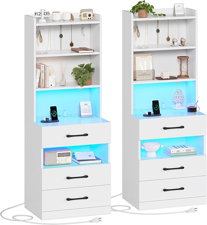 AOGLLATI Tall Nightstand Set of 2 with Charging Station and LED Lights, Night Stand with 3 Drawers and Bookshelf, White Modern Bedside Table with Storage Shelves for Bedroom by AOGLLATI