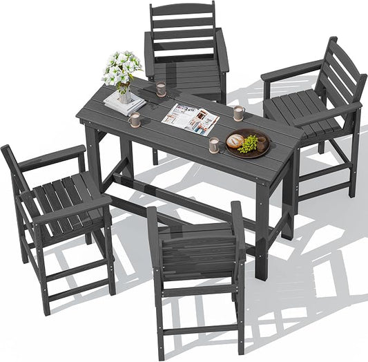 SERWALL Outdoor Bar Set - 4 Adirondack Bar Chairs & Bar Height Table with 1.6" Umbrella Hole, All-Weather HDPE Patio Furniture for Poolside, Backyard, Garden - Grey by SERWALL