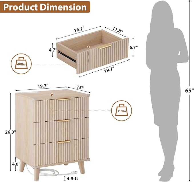Lulive Wood Nightstand with Charging Station, 3 Drawers Fluted Design, Modern End Table for Bedroom Natural Oak - Image 3