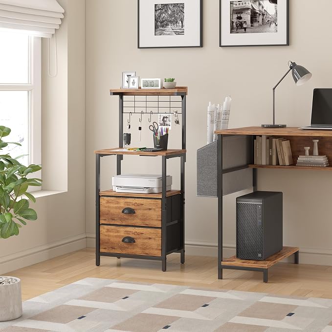 sthmec Tall Nightstands with Charging Station, LED Night Stand Bedsides with 2 Fabric Drawers,Hooks,USB Port and Open Storage Shelves,Tall End Table Bedside for Bedroom,Office, Rustic Brown - Image 5