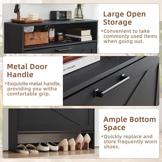 RWYHG Shoe Cabinet Storage for Entryway with 2 Flip Drawers Open Storage Layer Rack Narrow Organizer Slim Hidden Wood Shoe Cabinet Furniture Black - Image 4