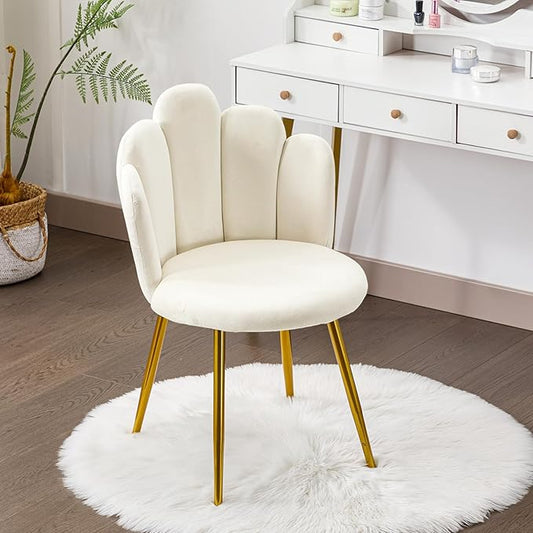 Vanity Chair for Makeup Room - Midcentury Modern Accent Chair for Living Room Bedroom, Makeup Chair with Back Support Velvet Chair with Gold Legs (Cream)