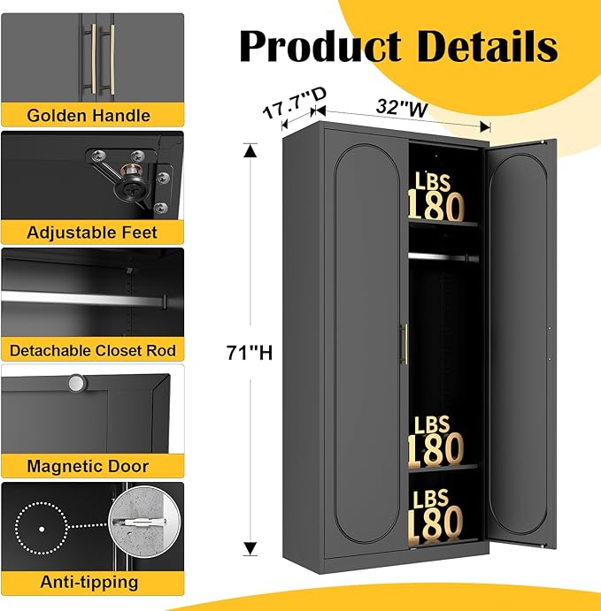 SteeLoong 71" Metal Armoire Wardrobe Closet with Doors,Tall Clothing Storage Cabinet with Adjustable Shelves and Hanging Rod,Black Wardrobe Closet for Bedroom,Home,Office,Gym