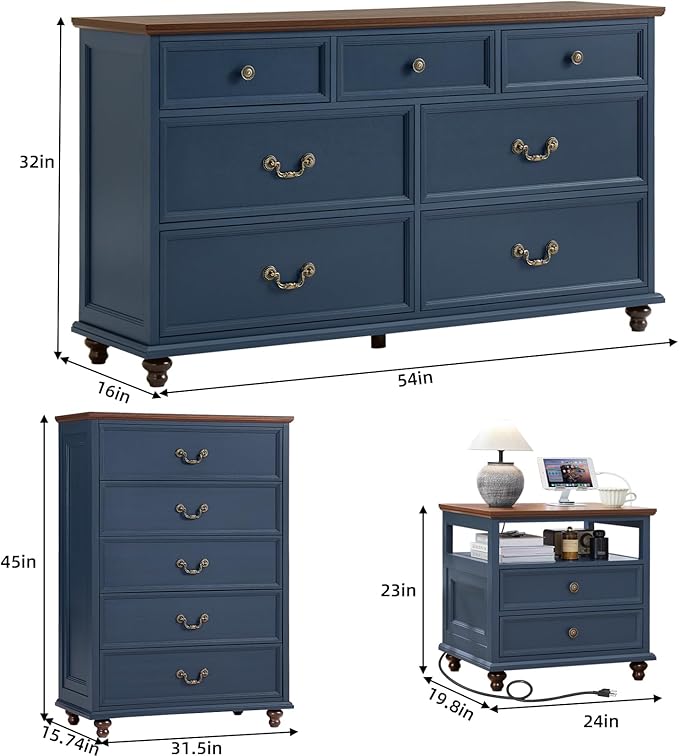 Joaxswe 24" Wide Farmhouse Nightstand with Charging Station Set of 2,54" 7 Drawers Dresser, 45" Tall Rustic Chests of 5 Drawers, Farmhouse Furniture Series for Bedroom,DarkBlue