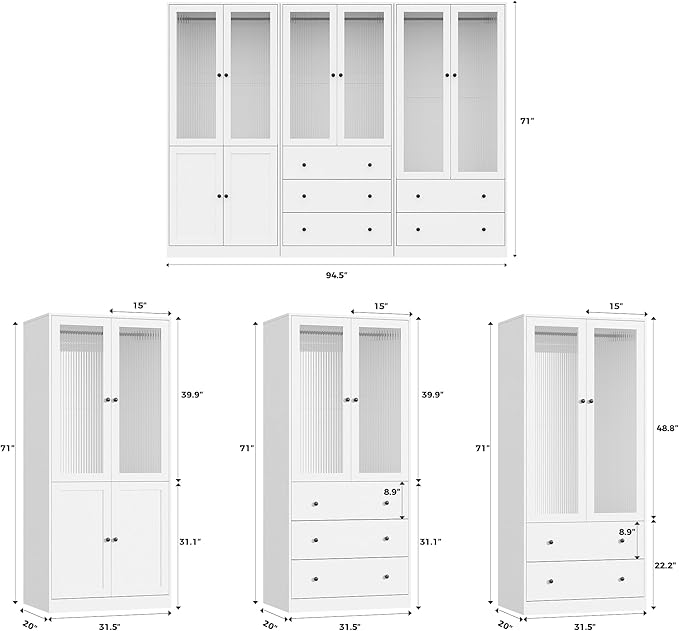 VOWNER 20“D Armoire Wardrobe Closet with Fluted Glass, 71" H Clothing Storage Cabinet with Hanging Rod, 4 Soft-Close Doors Wooden Wardrobe Cabinet for Bedroom, Large Capacity Storage White (AAC)