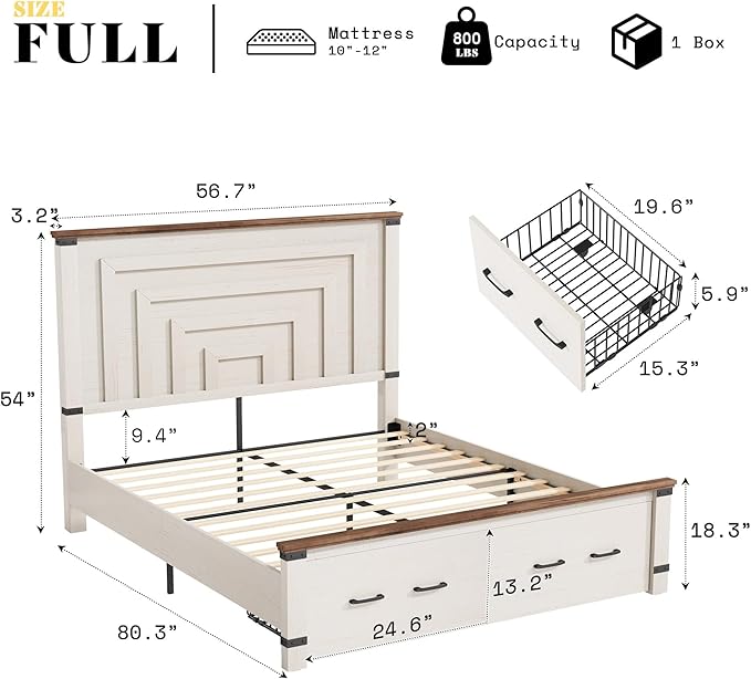 AMERLIFE 5 Pieces Farmhouse Wood Bedroom Set, Includes Rustic Full Bed Frame with 54" Tall Headboard, 6 Drawer Dresser Chest, 5 Drawer Tall Dresser, Nightstands Set of 2 with Charging Station, White