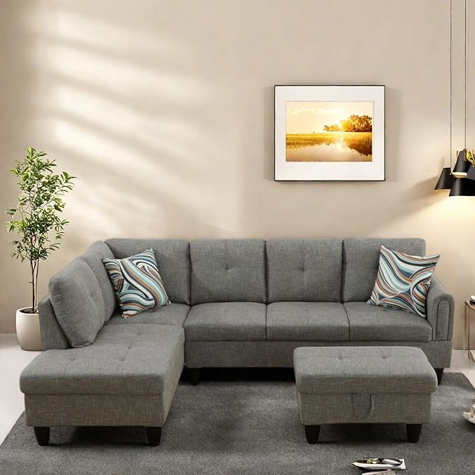 FONTOI L Shaped Sectional Couches, Lounge Modular Sectional Sofa for Living Room Bedroom Furniture, Comfortable 4 Seat Couch with Ottoman Storage & Chaise, Grey