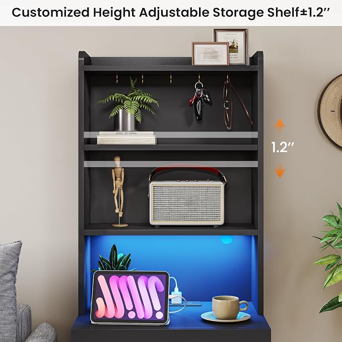 VIAGDO Tall Nightstand Set of 2 with Charging Station and LED Lights, Black Night Stand Set 2 with Bookshelf, Modern LED Bedside Tables with 3 Drawers and Storage Shelves, Side Tables for Bedrooms - Image 6