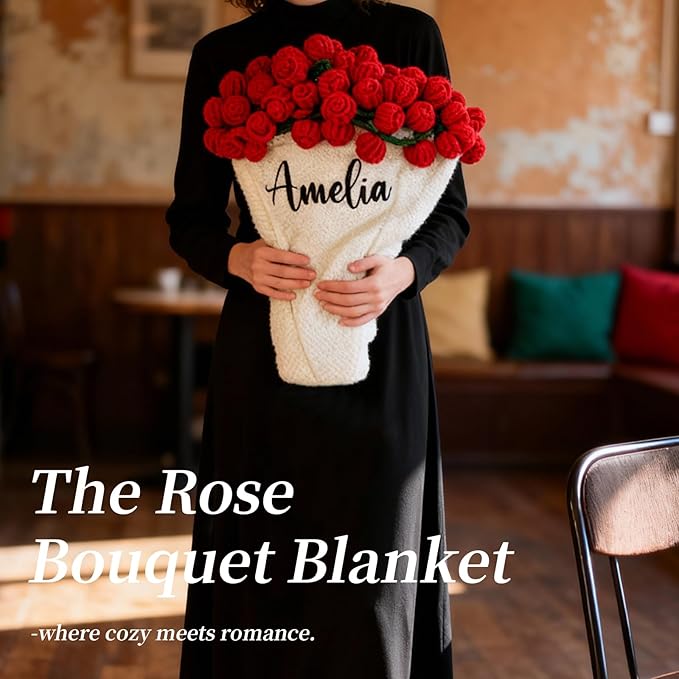 Personalized Handmade Crochet Rose Flower Blanket Bouquet – Custom Name Gift for Mother's Day, Valentine’s Day, Mom or Girlfriend（Red）