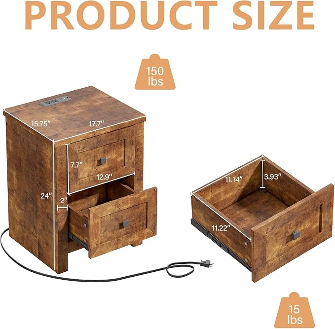 LUXOAK 3 Pieces Bedroom Sets, Includes Full Size Lift Up Storage Platform Bed Frame, 2 Drawers Farmhouse Nightstand Set of 2 with Charging Station, No Box Spring Needed, Rustic Brown