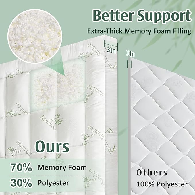 DOWNCOOL 3 Inch King Mattress Topper – Cooling Memory Foam Mattress Topper for Back Pain Relief, Breathable Bamboo Viscose Air Layer, 1600 GSM Fill, Deep Pocket Fits 8–21 Inch