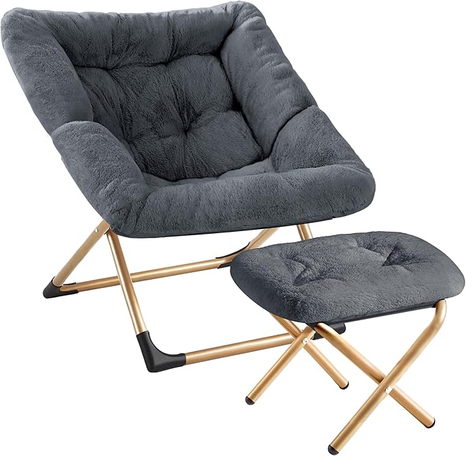 Youtanic Comfy Oversized Saucer Chair with Ottoman,Soft Faux Fur Reading Lounge Chair for Adults,Stable X-Large Metal Frame and Non-Slip Pad,Cozy Chair for Bedroom, Living Room, Dorm, Dark Gray