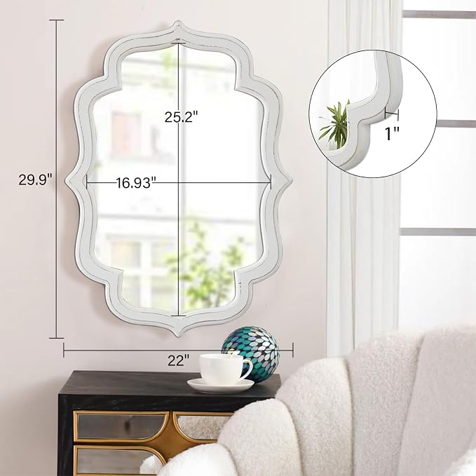 Vintage Oval Wall Mirror 22 X 30 Inch, Hanging Distressed White Scalloped Rustic Wood Wall Mirrors for Bathroom Bedroom Living Room, Farmhouse Entryway Mirror, Horizontal or Vertical - Image 2