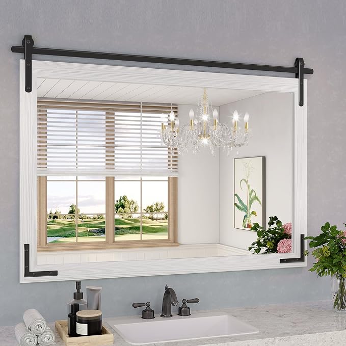 Farmhouse Bathroom Mirror, 40x30 Inch White Vanity Mirror for Wall, Wood Framed Rustic Mirror Rectangular Wall Decor Mirrors for Entryway Living Room Bedroom by JIINGYO