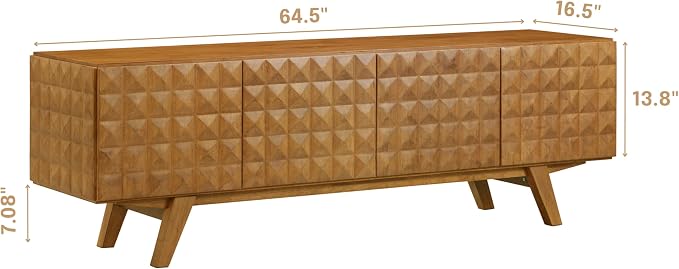 NTC Sapa Mid-Century Modern Solid Wood TV Stand 4-Door Media Console with Carved Geometric Fronts for TVs up to 75", Effortless Assembly, Teak Look - Image 5